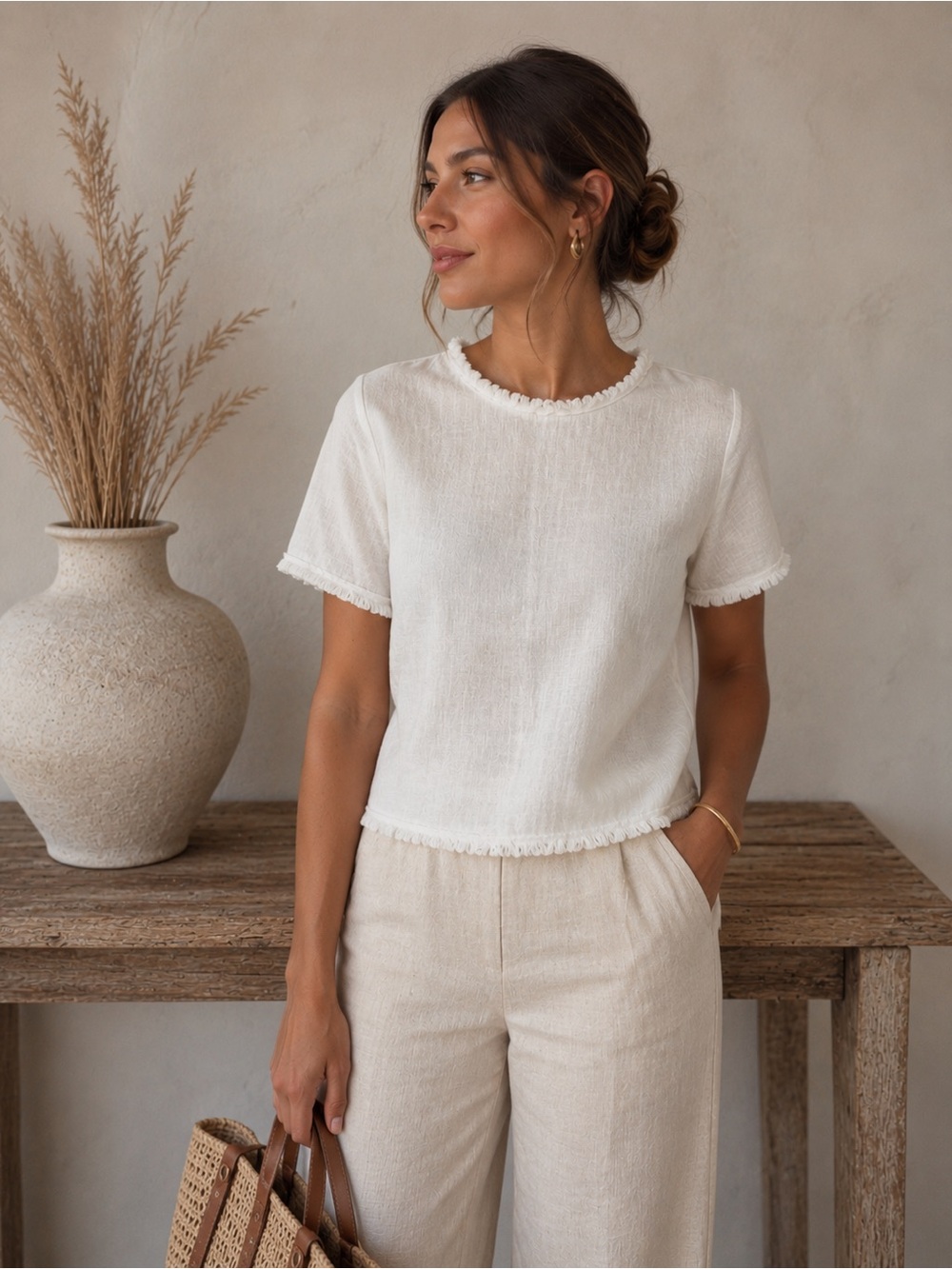 Everly White Short-Sleeve Frayed-Trim Linen Top